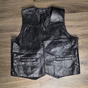American Unique Mens 3XL Black Leather Patchwork Biker Vest V-Neck Button Front